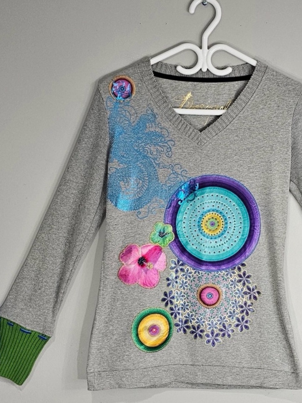 Vintage DESIGUAL Abstract Floral Y2K Patchwork Sweater Size Medium - Picture 2 of 11
